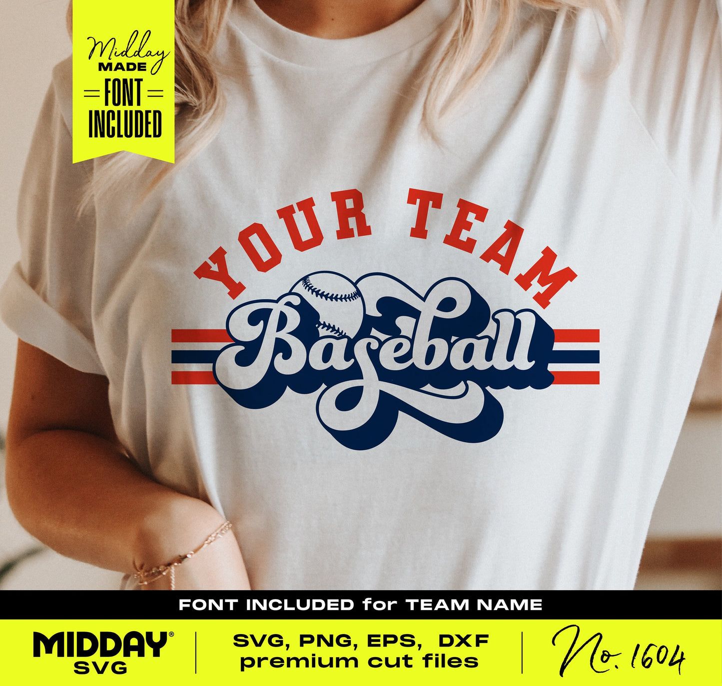 Woman wearing a shirt with a custom baseball SVG design featuring elegant lettering and team colors, font included for personalization.