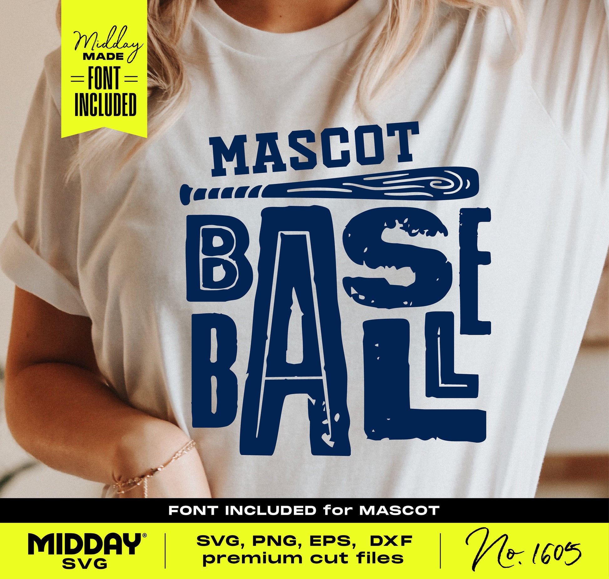Person wearing a T-shirt with bold baseball SVG design, featuring the word 'BASEBALL' in blue with a bat, perfect for custom apparel.