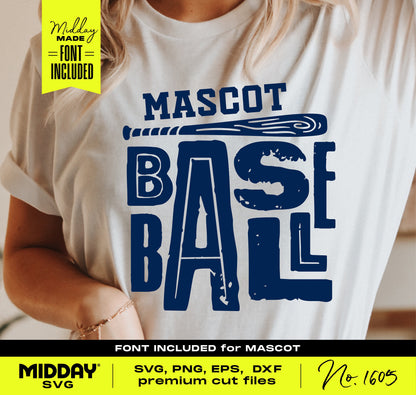 Person wearing a T-shirt with bold baseball SVG design, featuring the word 'BASEBALL' in blue with a bat, perfect for custom apparel.