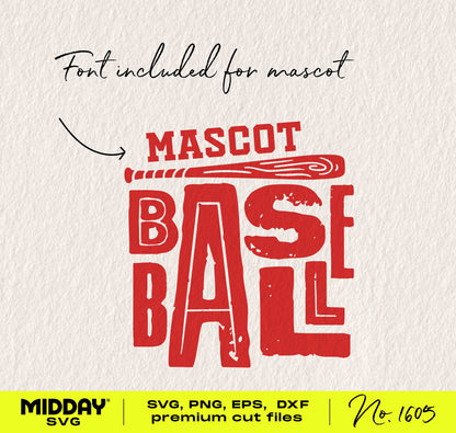 Bold and dynamic baseball SVG design featuring a bat and red lettering, perfect for T-shirts, decals, and sports apparel customization.