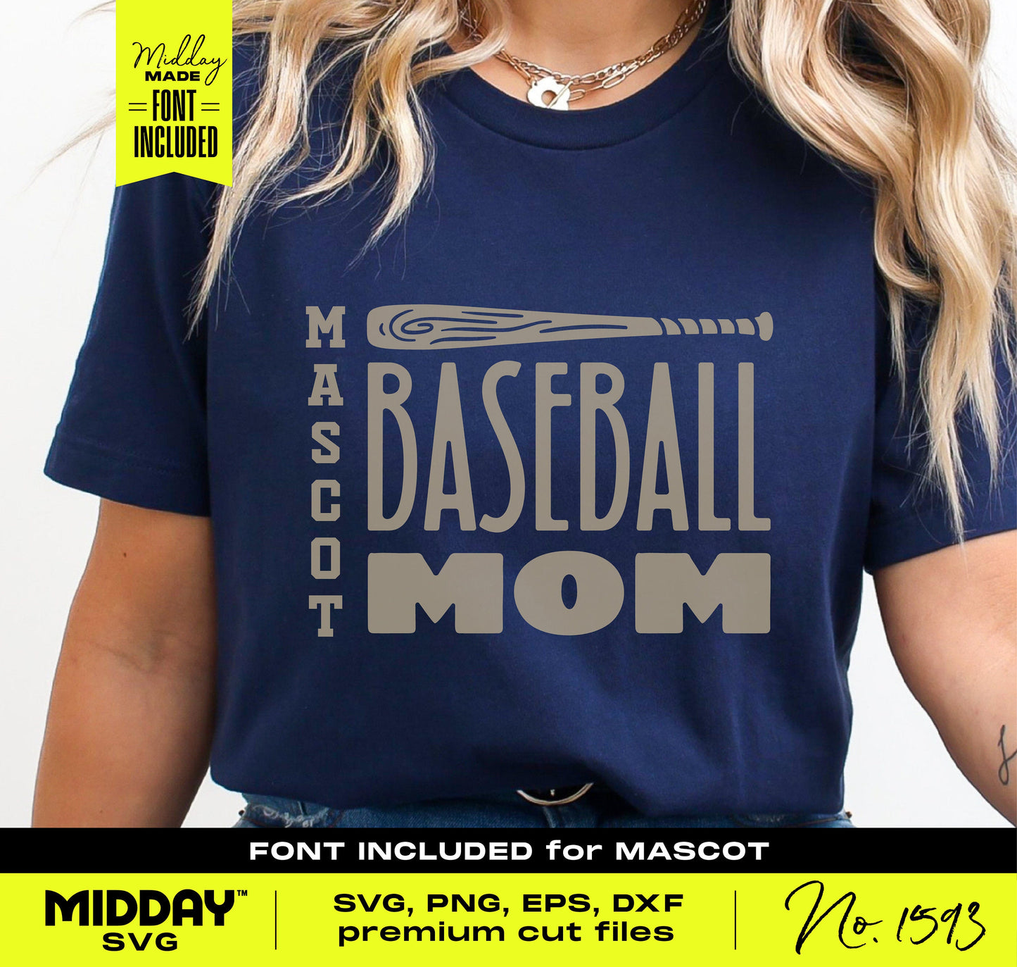 Woman wearing a navy t-shirt with customizable 'Baseball Mom' design and bat graphic, perfect for personalizing team apparel.