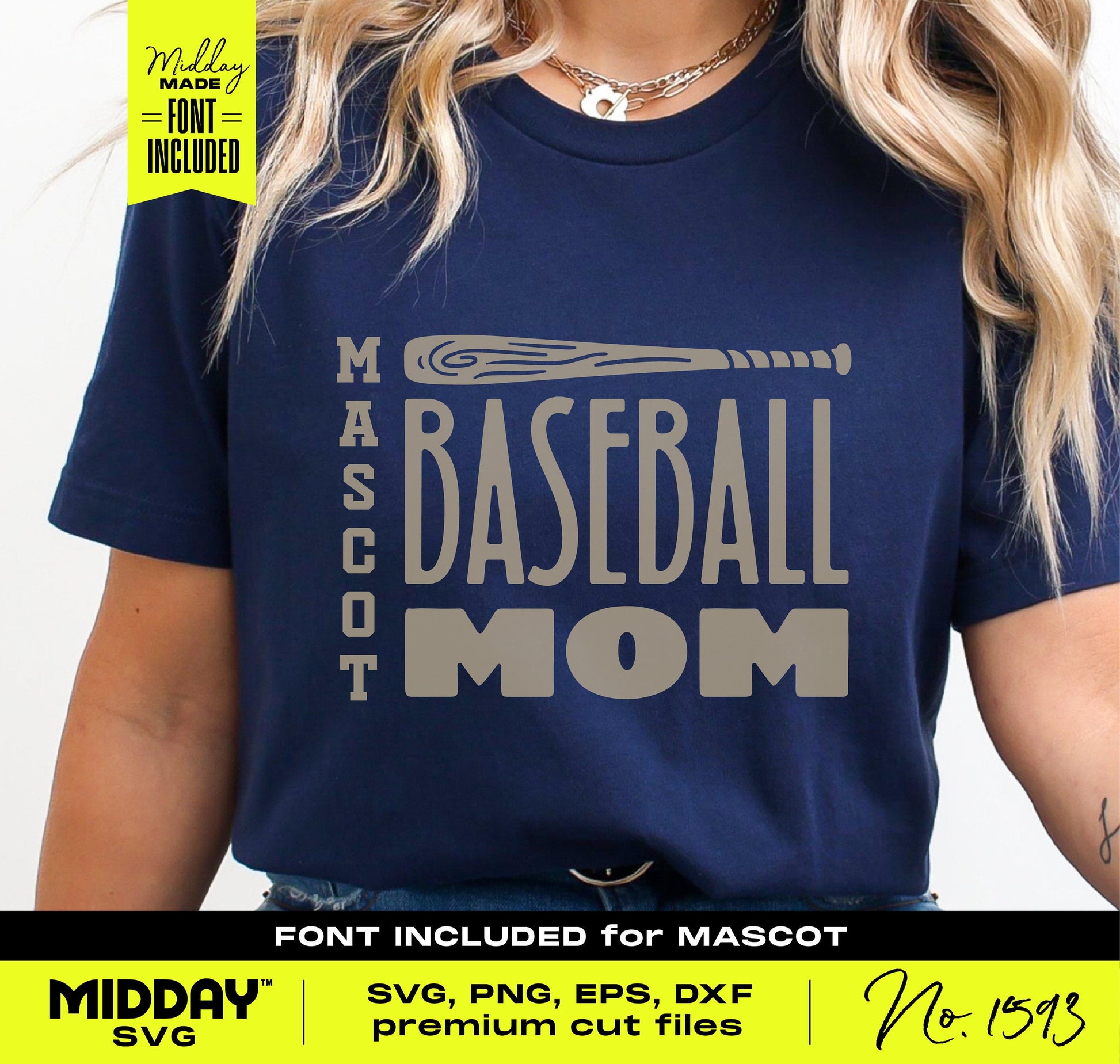 Woman wearing a navy t-shirt with customizable 'Baseball Mom' design and bat graphic, perfect for personalizing team apparel.