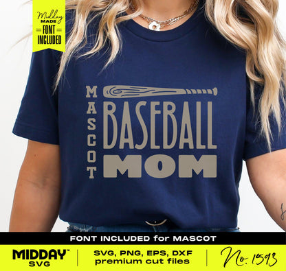 Woman wearing a navy t-shirt with customizable 'Baseball Mom' design and bat graphic, perfect for personalizing team apparel.