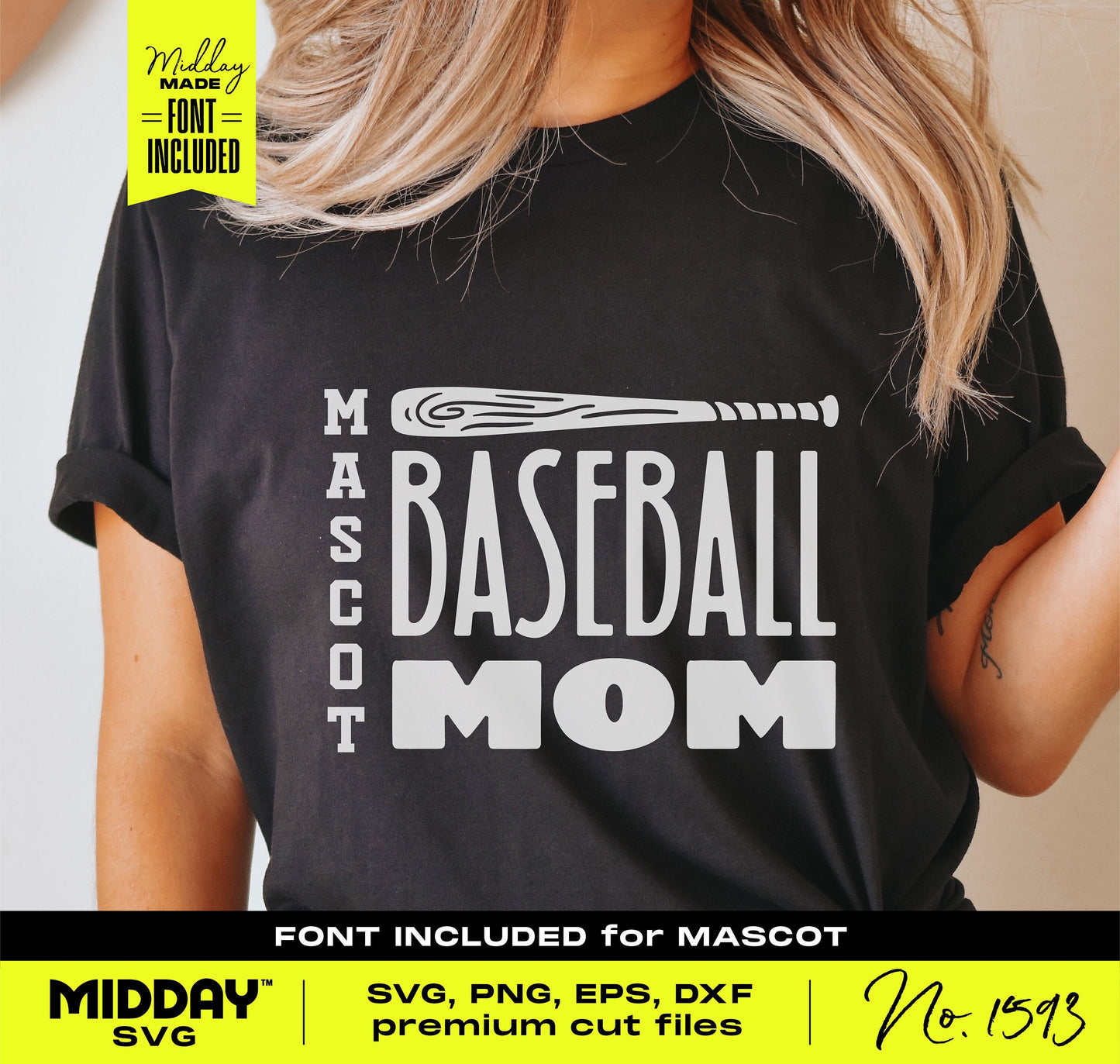Woman wearing a black t-shirt with 'Mascot Baseball Mom' design, featuring a baseball bat graphic. Ideal for crafting SVG, PNG projects.