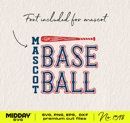 Classic baseball SVG design with text 'Mascot Baseball' and bat graphic. Perfect for DIY t-shirts, hats, and decor projects.