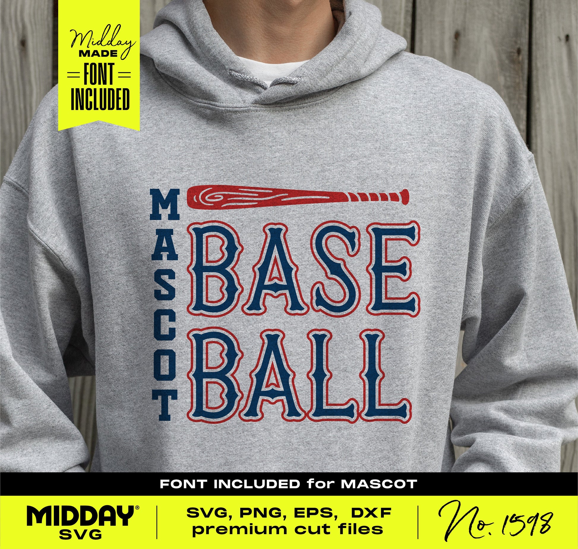 Gray hoodie with "Mascot Baseball" design in blue and red, featuring a baseball bat graphic, emphasizing sports theme.