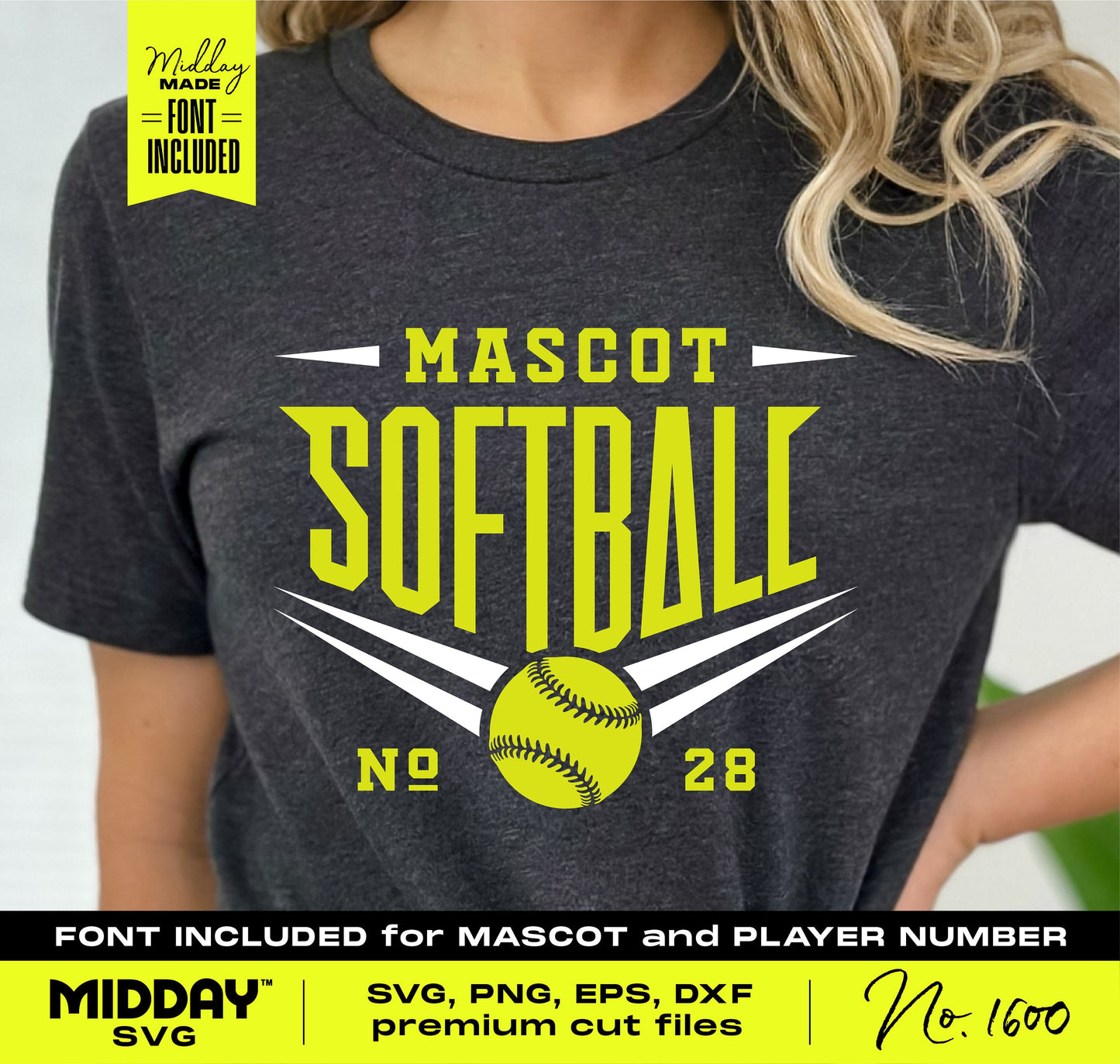 Person wearing t-shirt with dynamic softball SVG design featuring bold text and included font options for customization.