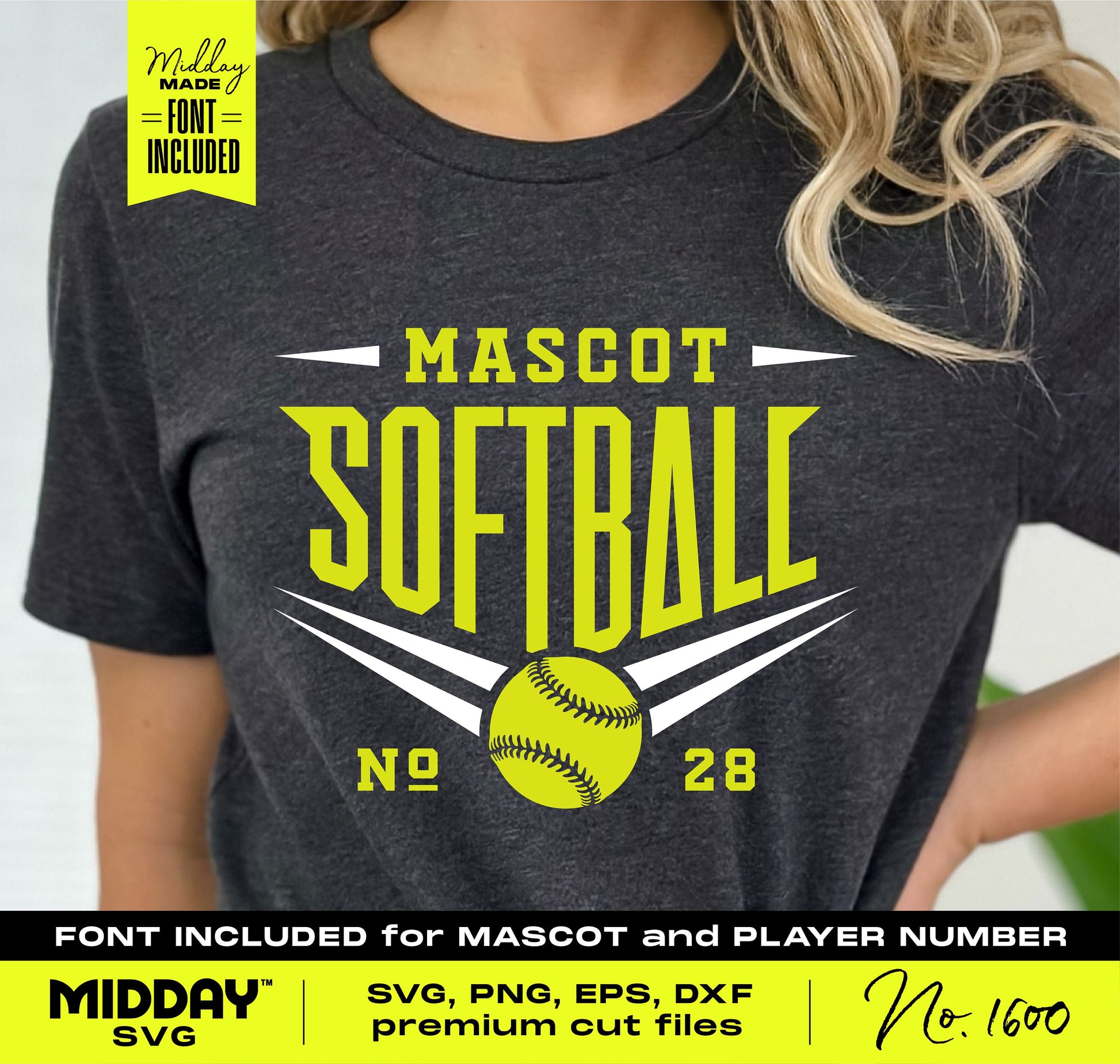 Person wearing t-shirt with dynamic softball SVG design featuring bold text and included font options for customization.
