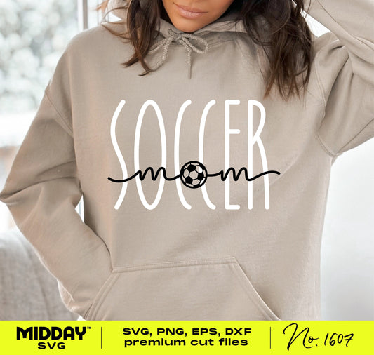 Woman wearing hoodie with Cute Soccer Mom SVG design featuring playful lettering and soccer ball, perfect for crafting and DIY projects.
