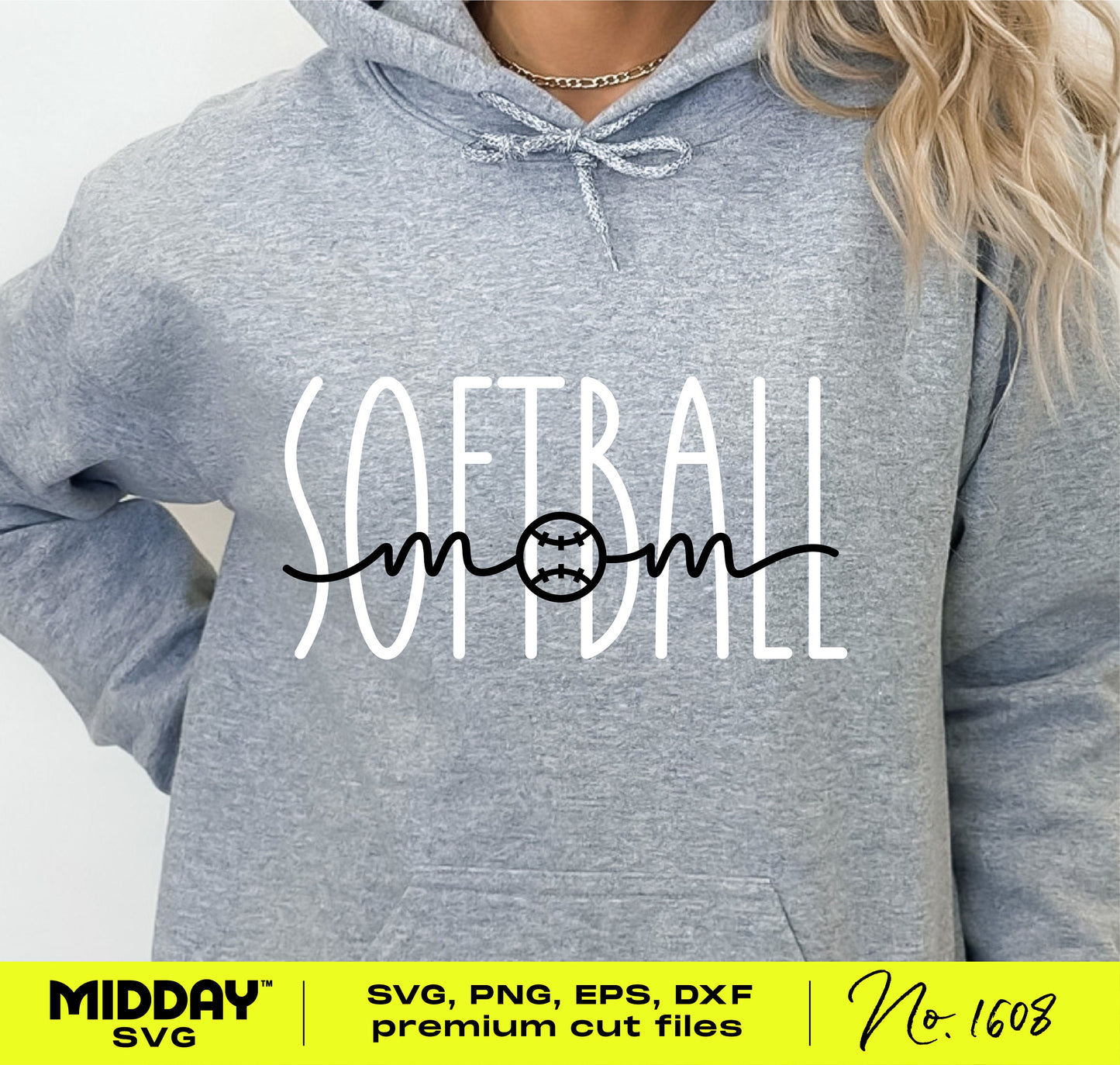 Gray hoodie with 'Softball Mom' design featuring a softball image, perfect for creating shirts or wall art. Ideal for softball moms.