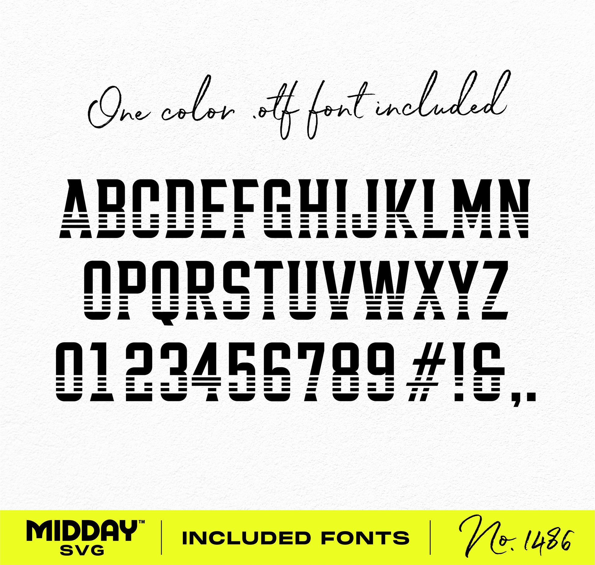Striped font design with uppercase letters, numbers, and symbols for Cricut projects. One color .otf font included.