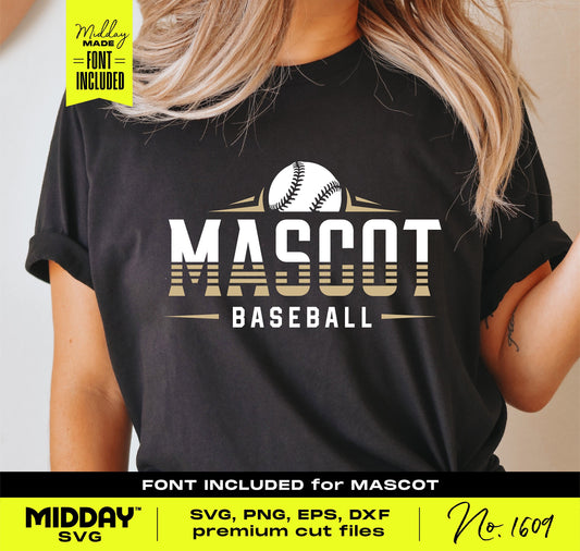 Person wearing black t-shirt with 'Mascot Baseball' design, baseball-themed SVG/PNG for Cricut with font included, ideal for sports team shirts.