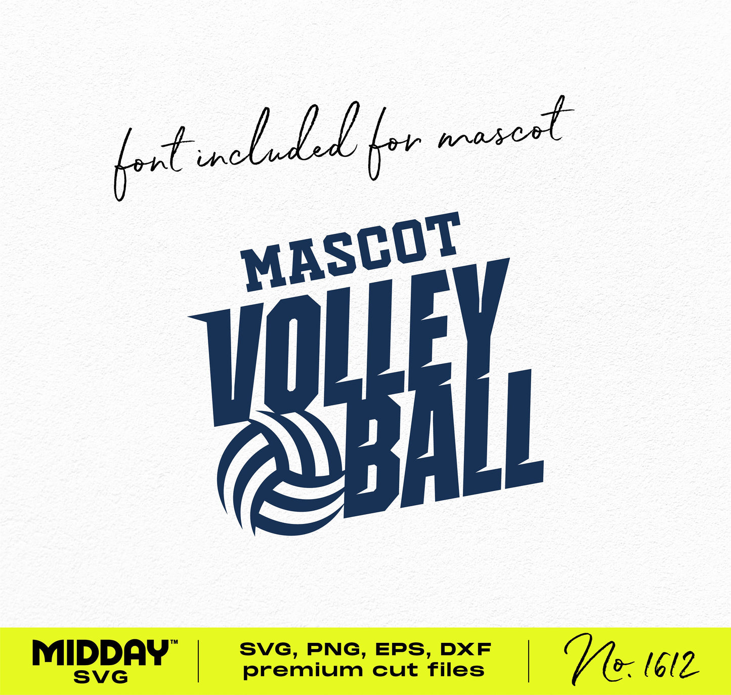 Energetic and bold volleyball SVG design with included font, ideal for sports enthusiasts and digital creations. File formats: SVG, PNG, EPS, DXF.