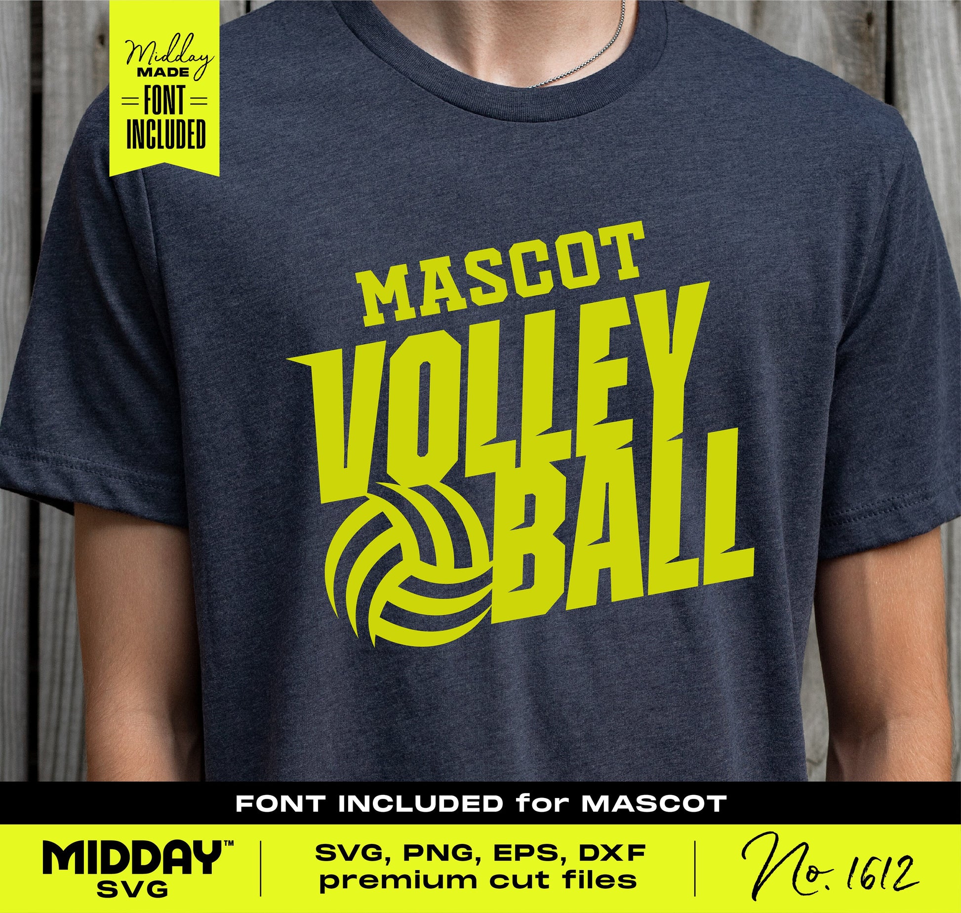 Person wearing a t-shirt with bright yellow 'Mascot Volleyball' SVG design, featuring a volleyball graphic in bold and energetic style.