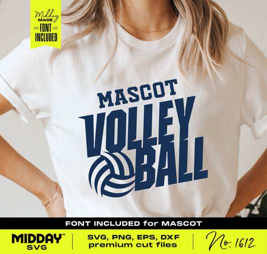 T-shirt featuring a bold volleyball SVG design with text "Mascot Volleyball," ideal for sports enthusiasts. Includes font, SVG format.