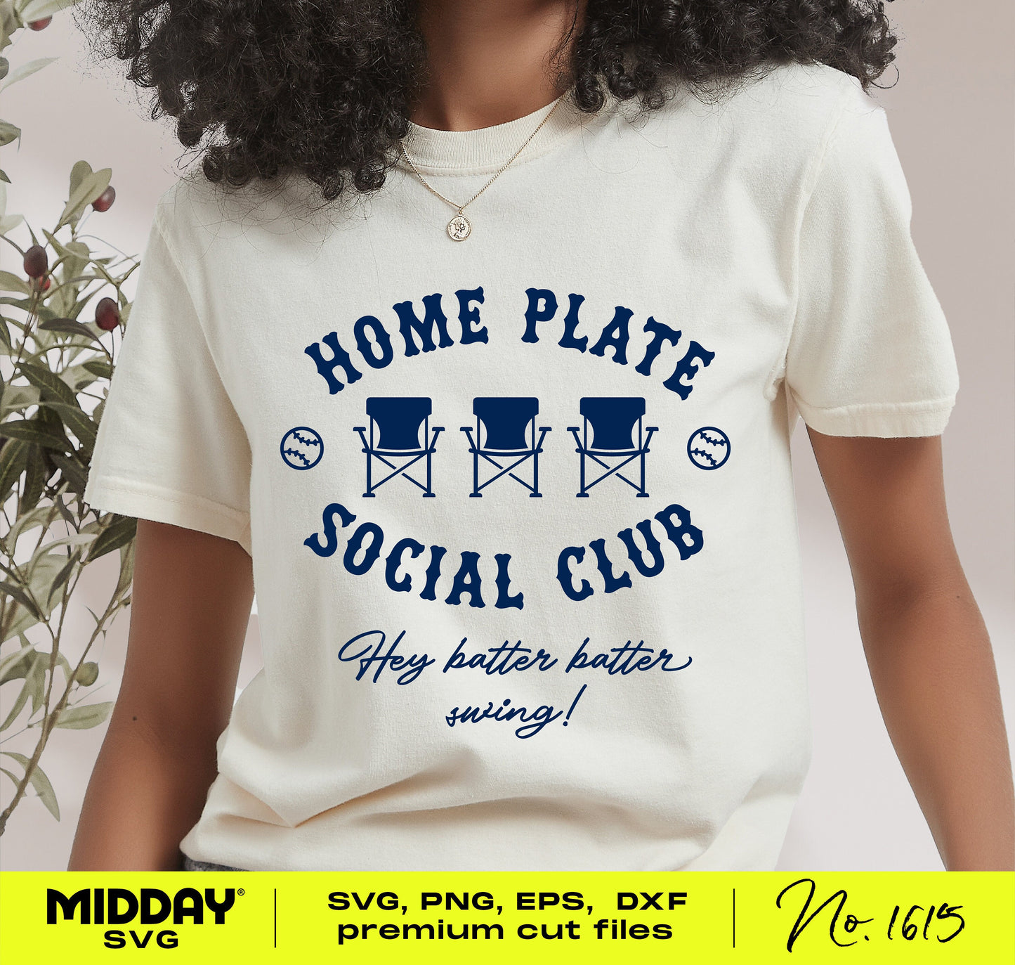 Woman wearing a T-shirt with 'Home Plate Social Club' T-ball SVG design, featuring chairs and witty text, ideal for crafting projects.