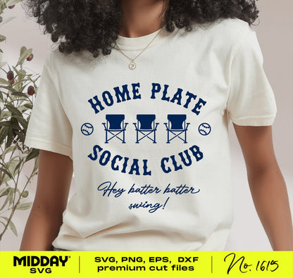 Woman wearing a T-shirt with 'Home Plate Social Club' T-ball SVG design, featuring chairs and witty text, ideal for crafting projects.