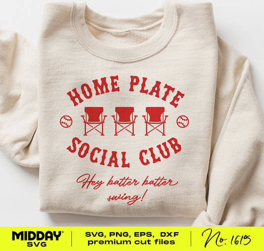 Funny Home Plate Social Club Softball SVG on beige sweatshirt with chairs and bats, digital crafting design for apparel and decor.