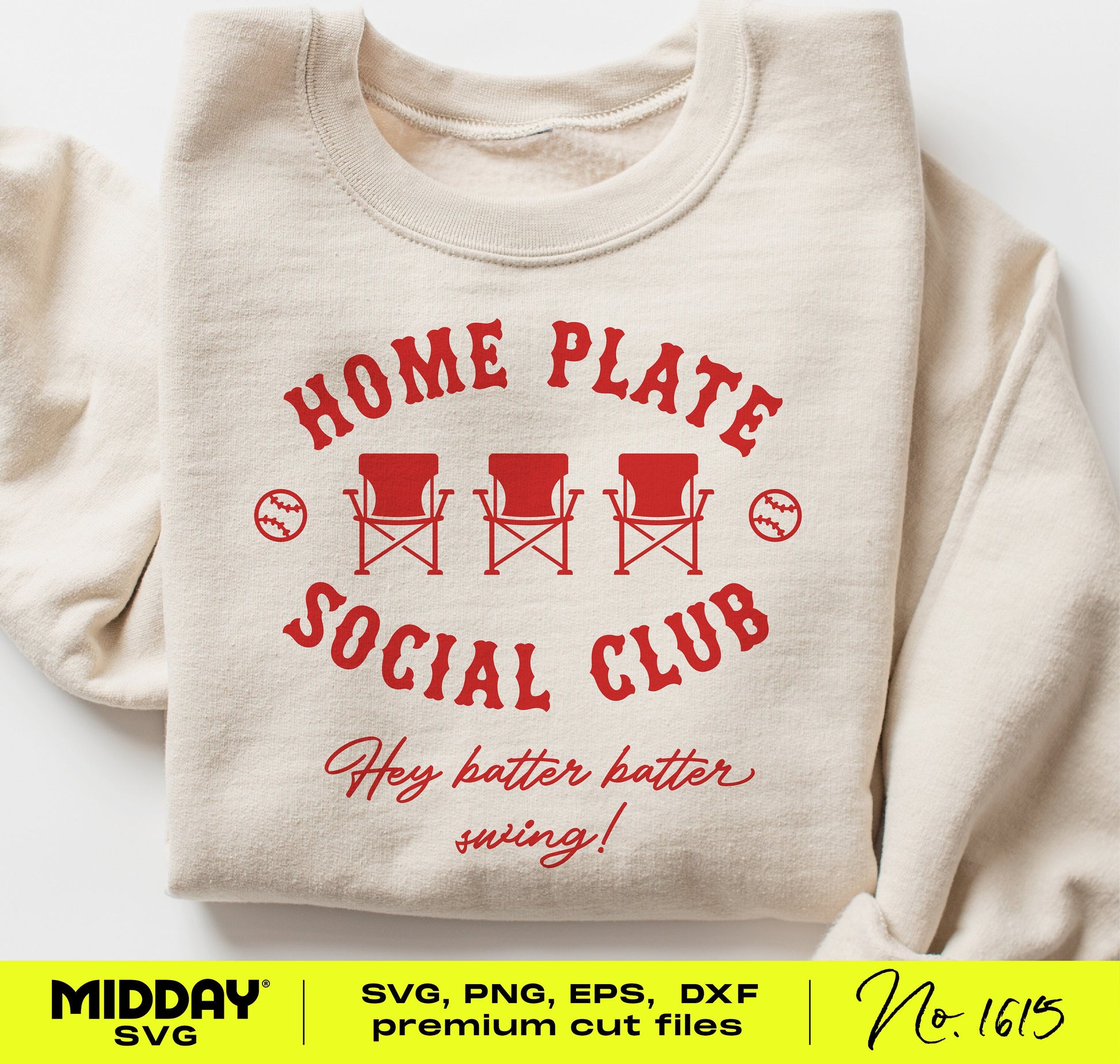 Sweatshirt with 'Home Plate Social Club' and T-ball graphics, featuring phrase 'Hey batter batter swing!'. Perfect T-ball SVG for crafting.