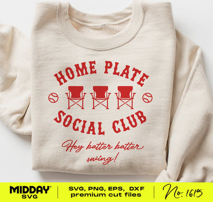 Sweatshirt with 'Home Plate Social Club' and T-ball graphics, featuring phrase 'Hey batter batter swing!'. Perfect T-ball SVG for crafting.