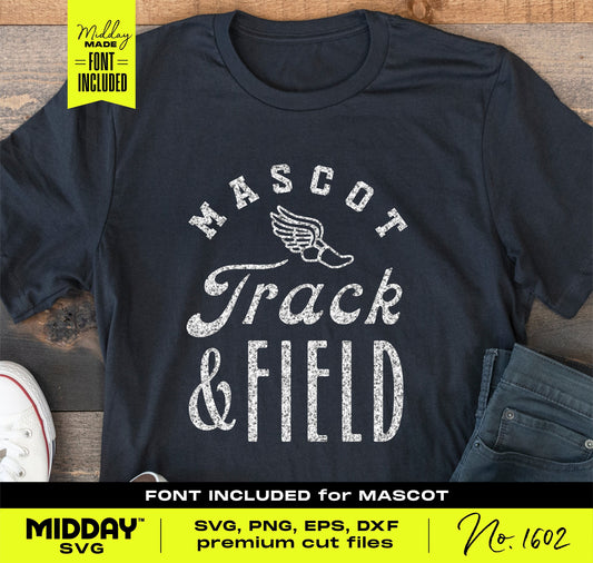 Black t-shirt with 'Mascot Track & Field' design, featuring a wing graphic, ideal for sports team shirts and customizable with SVG files.