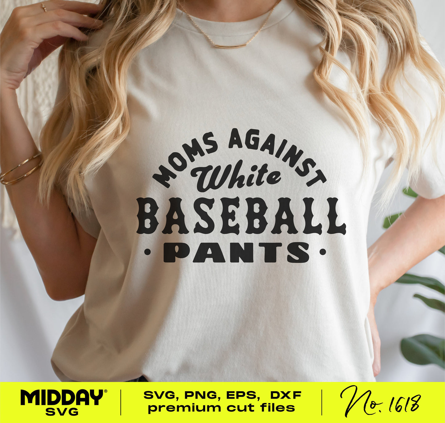 Woman wearing a t-shirt with 'Moms Against White Baseball Pants' design; perfect for crafting projects like shirts and mugs.