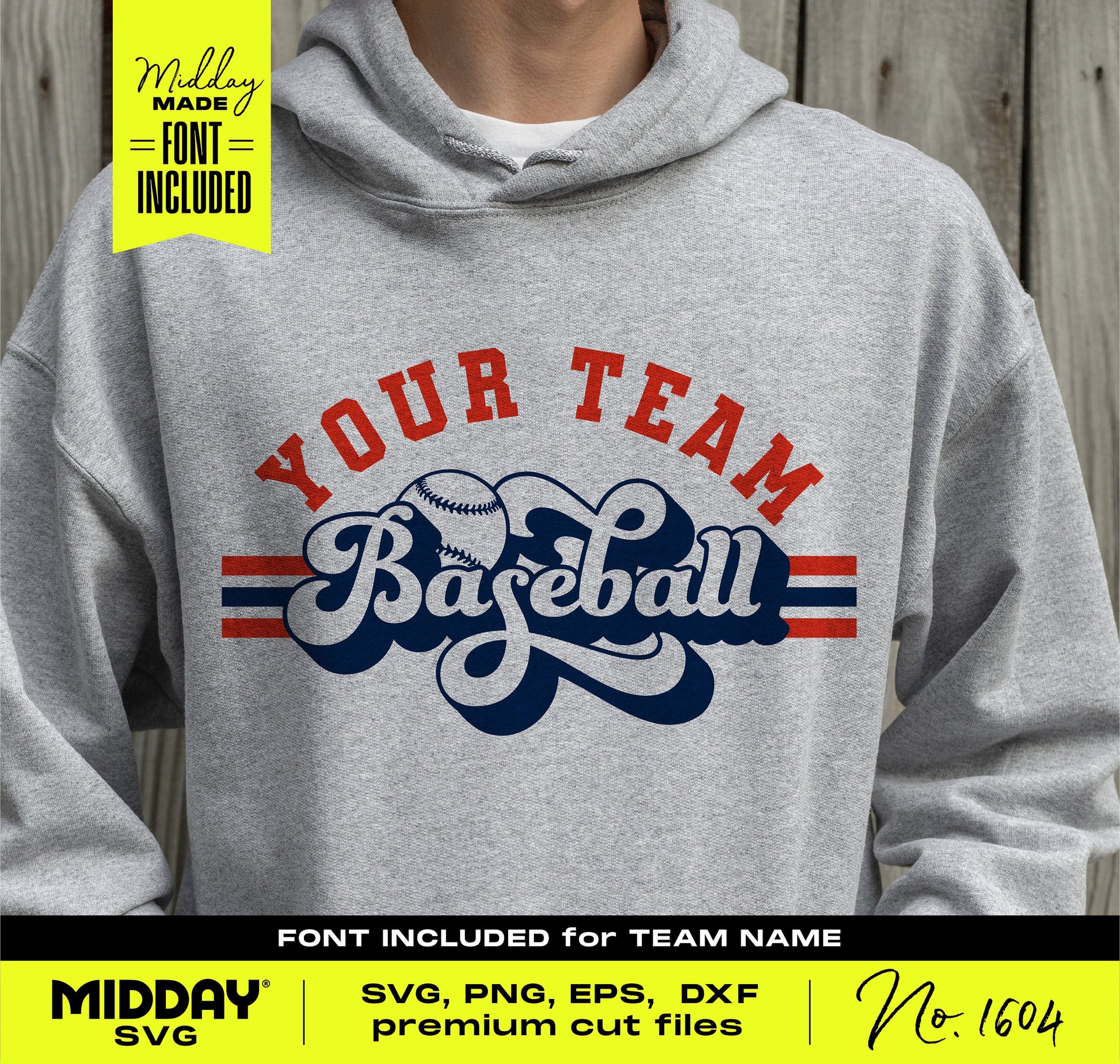 Gray hoodie with a beautifully crafted baseball SVG team design, elegant lettering in red and blue, and customizable font. Perfect for fans.