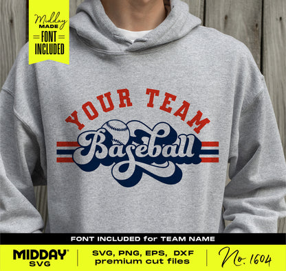 Gray hoodie with a beautifully crafted baseball SVG team design, elegant lettering in red and blue, and customizable font. Perfect for fans.
