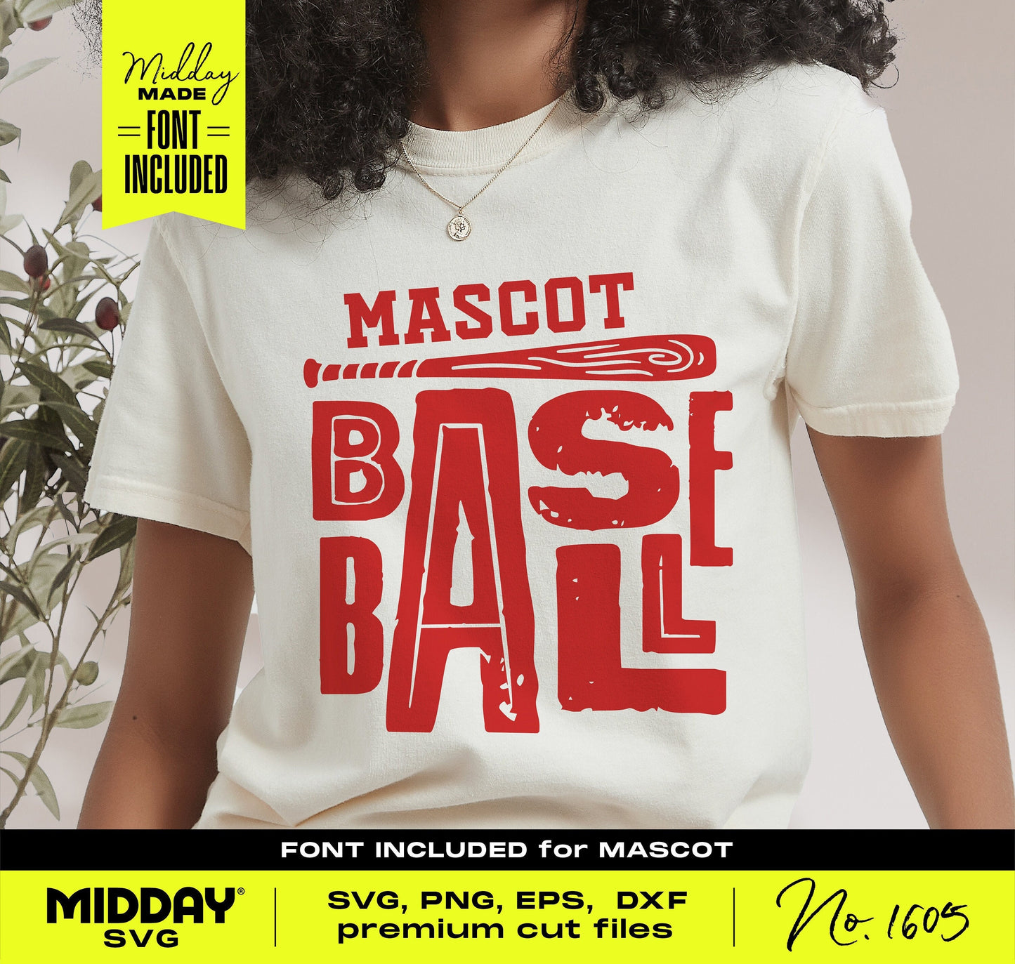 Person wearing a T-shirt with red baseball-themed design, promoting SVG PNG EPS DXF files, featuring mascot font and a premium cut.