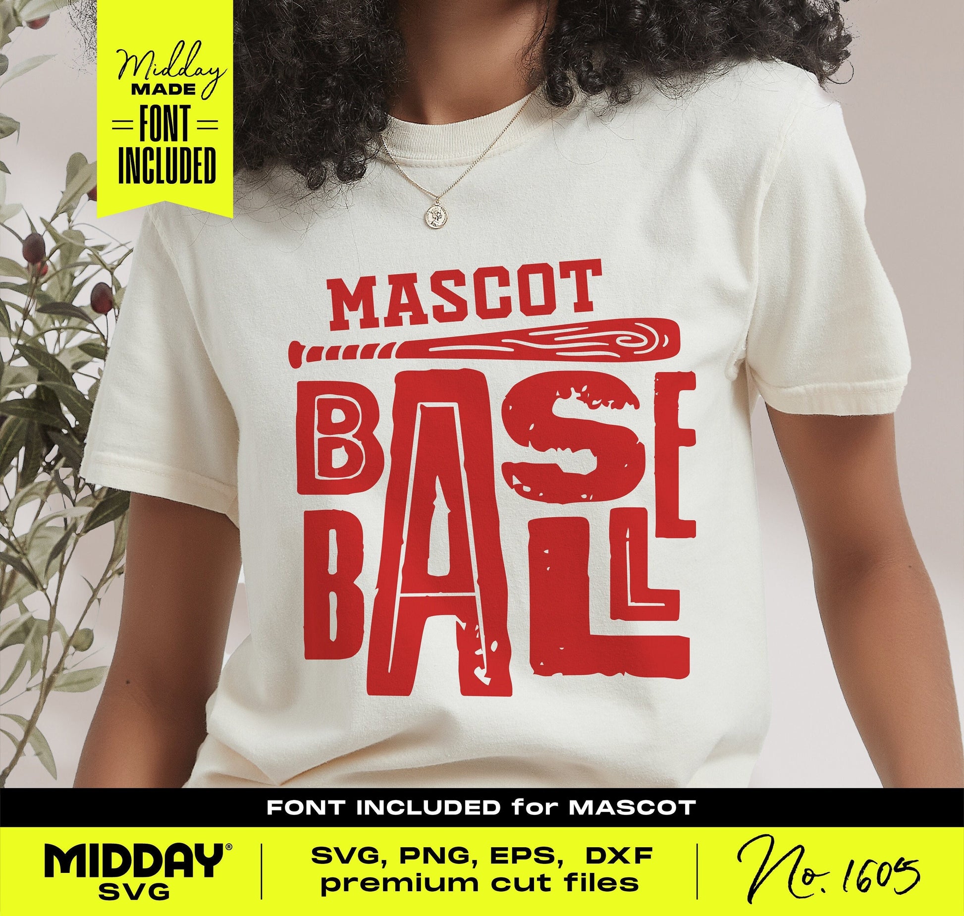 Person wearing a T-shirt with red baseball-themed design, promoting SVG PNG EPS DXF files, featuring mascot font and a premium cut.