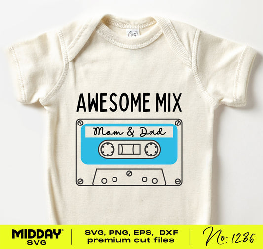 Awesome Mix Tape SVG design on a baby onesie, featuring a cute retro cassette graphic, ideal for craft projects and nursery decor.
