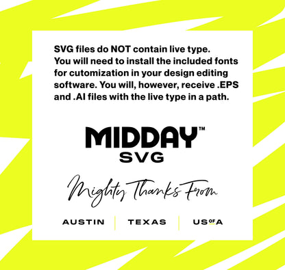 Midday SVG file information with lightning bolt design, includes EPS and AI files. Text mentions Austin, Texas, USA.