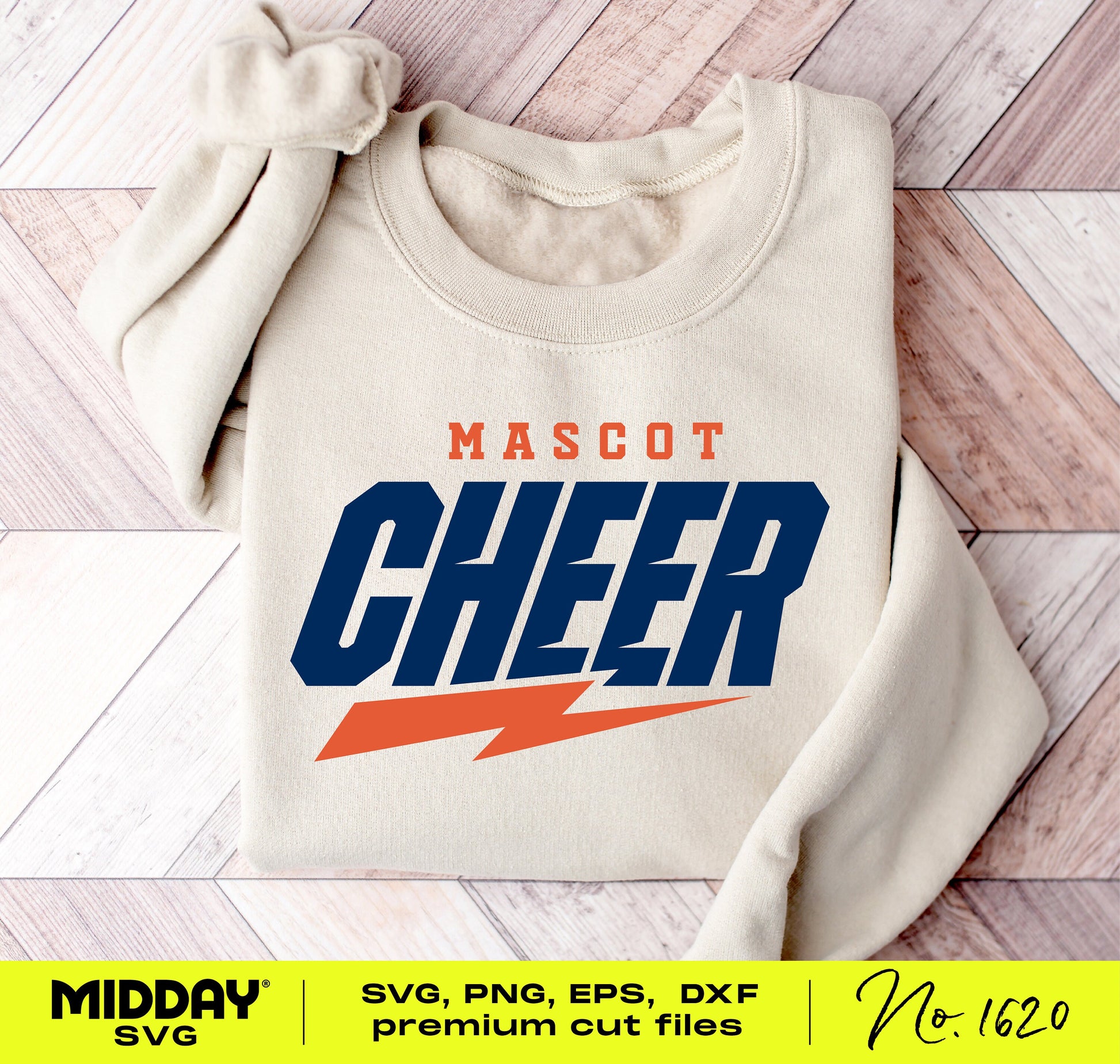 Beige sweatshirt with 'Mascot Cheer' lightning design, featuring bold navy and orange text, perfect for crafting and fashion projects.