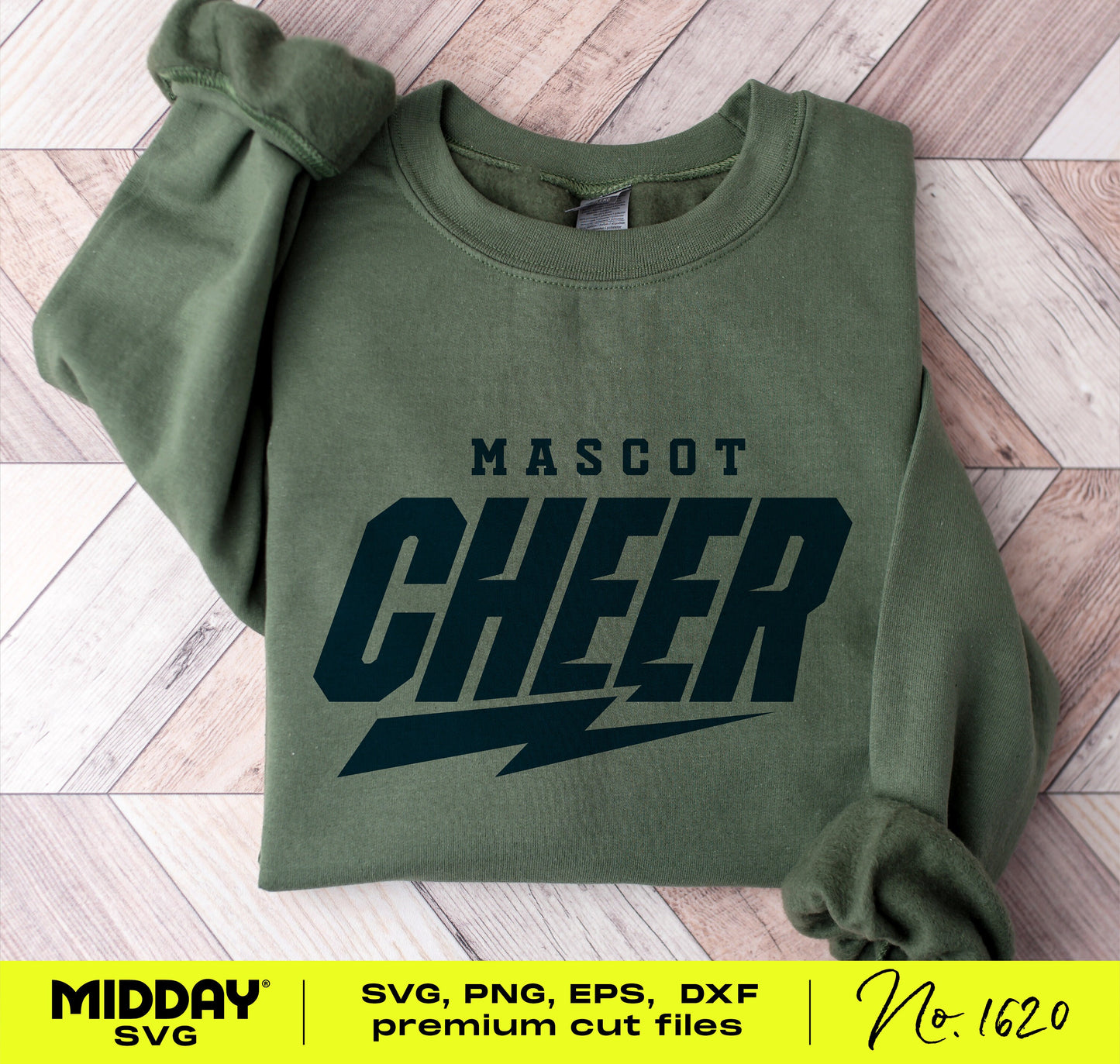 Energetic Cheer SVG design with lightning bolt on green sweatshirt, ideal for crafting trendy apparel and home decor. Instant download.