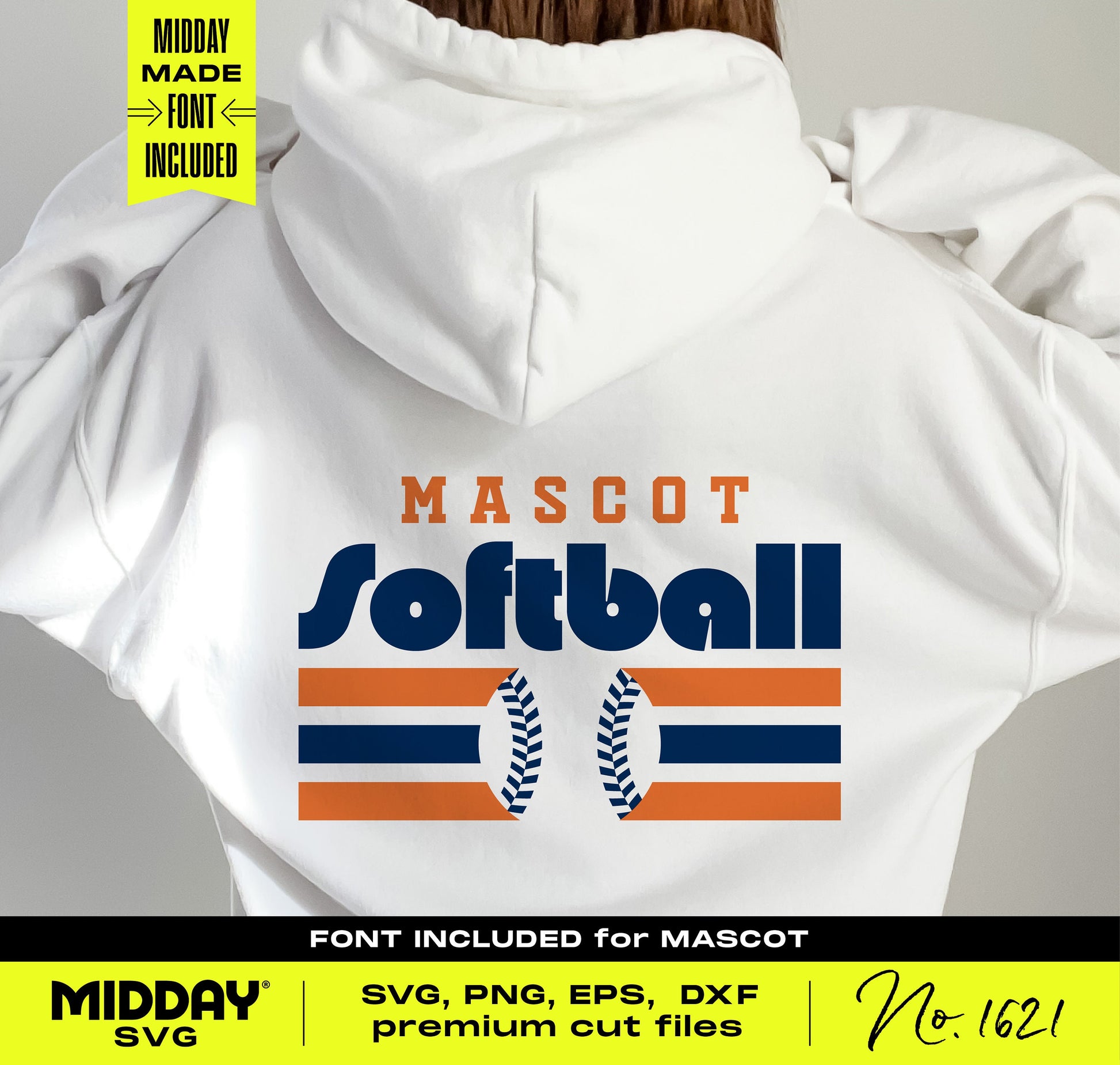 White hoodie featuring trendy geometric softball design with 'Mascot Softball' print, ideal for 70s-inspired DIY projects and apparel.