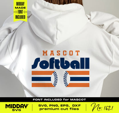 White hoodie featuring trendy geometric softball design with 'Mascot Softball' print, ideal for 70s-inspired DIY projects and apparel.