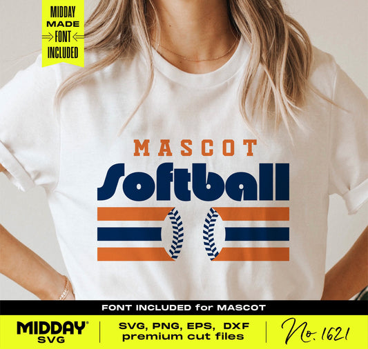 Woman wearing a t-shirt with a retro-style softball design, featuring bold text and geometric lines, perfect for DIY apparel projects.