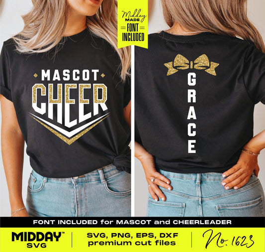 Bold cheer team SVG template on black t-shirt featuring mascot text and customizable cheerleader name design with font included.