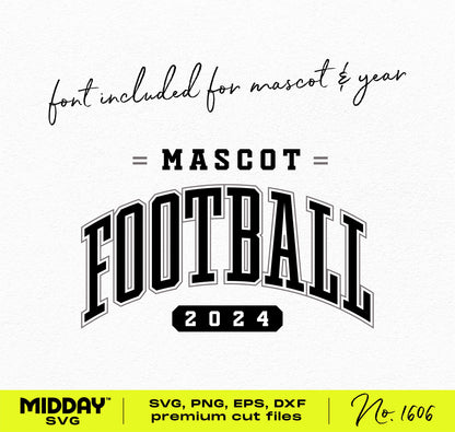 Customizable collegiate football SVG design with mascot font from Midday SVG, includes "Football 2024" in bold varsity style.