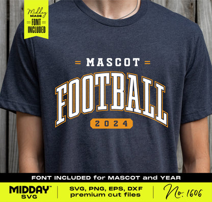 Customizable collegiate style football SVG design on navy shirt with bold 2024 font for mascot and year, ideal for spirit wear crafting.