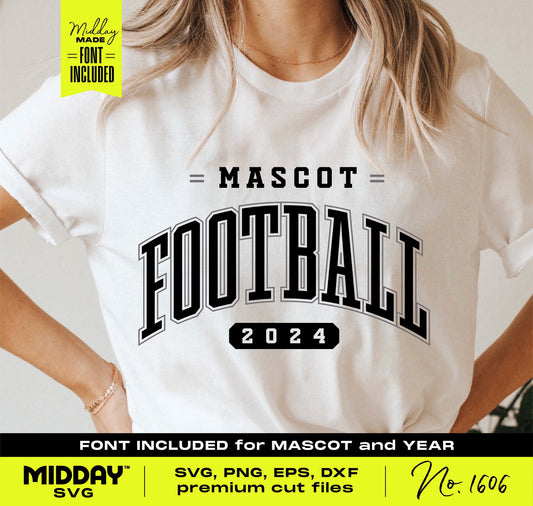 Customizable collegiate football SVG design on t-shirt featuring mascot and year, perfect for school spirit wear and craft projects.