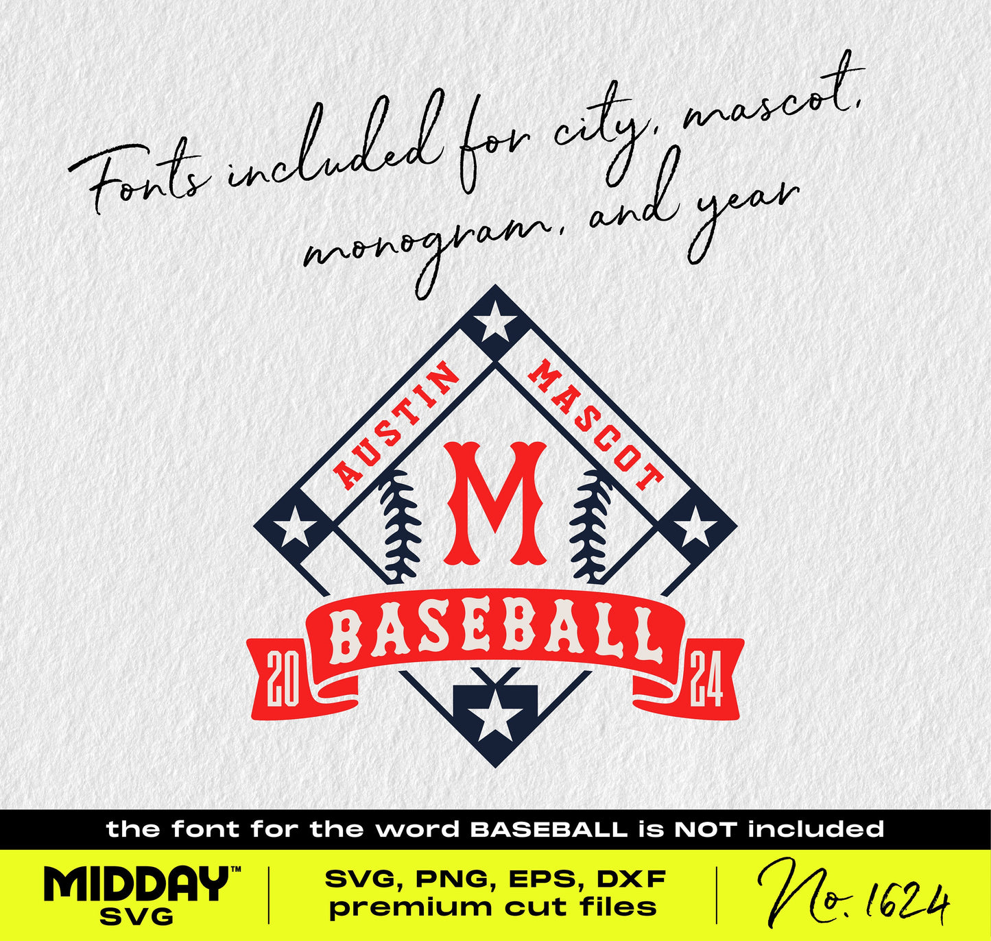 Baseball Diamond SVG Design for DIY crafts, featuring customizable city, mascot, monogram, and year elements.