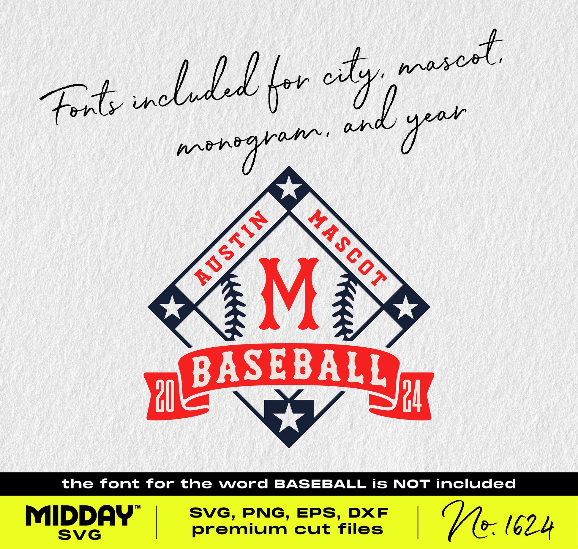 Baseball Diamond SVG Design for DIY crafts, featuring customizable city, mascot, monogram, and year elements.