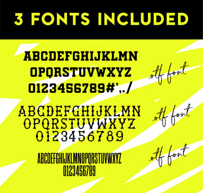 Image showcasing three stylish font designs included on a vibrant yellow background, featuring bold letters and numbers.