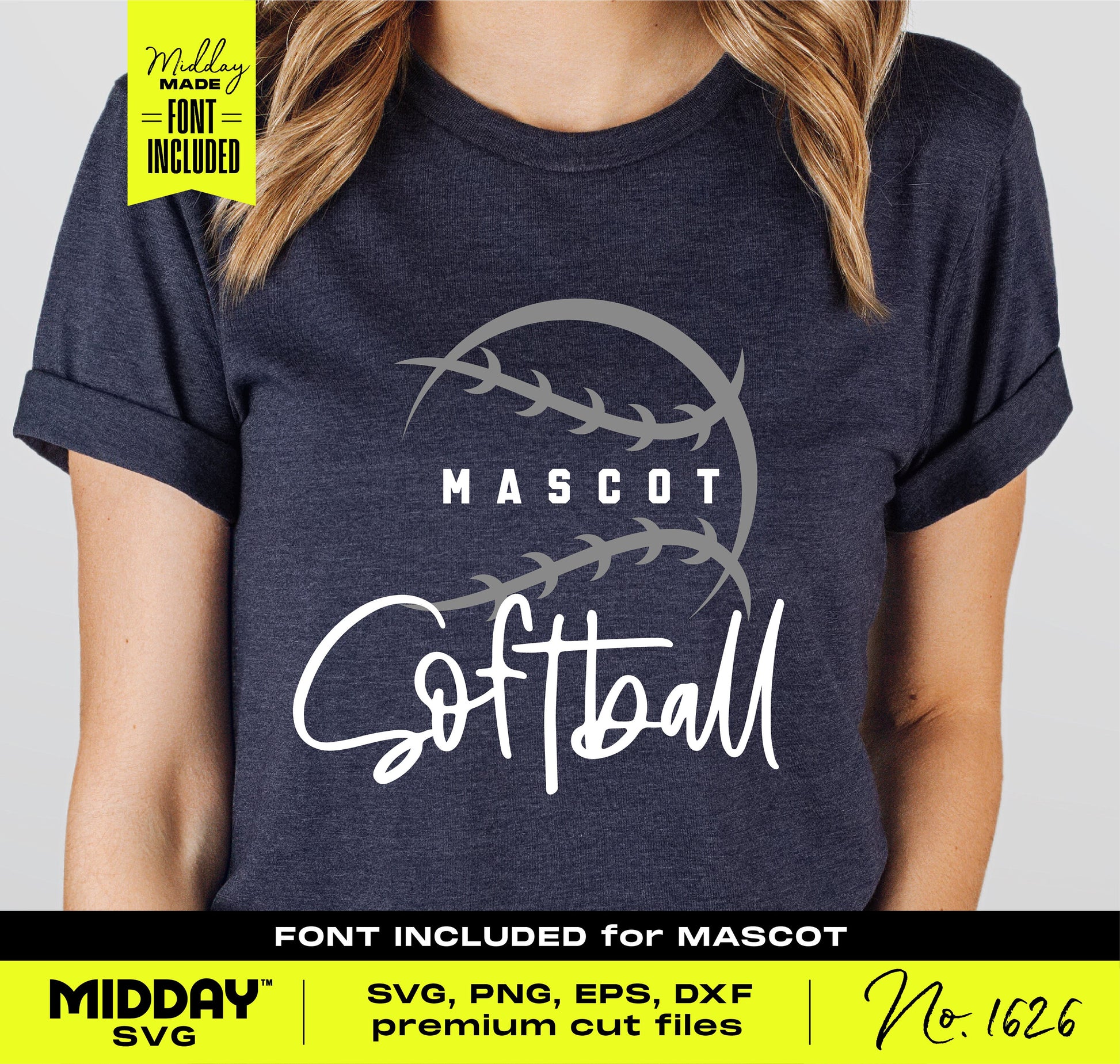 Model wearing a t-shirt featuring an abstract customizable softball stitching SVG logo design with 'Mascot Softball' text.