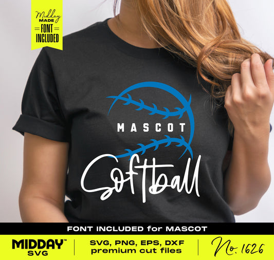 Abstract Softball Stitching SVG Logo on a black t-shirt, featuring customizable sports team design with a modern artistic touch, Mascot font included.