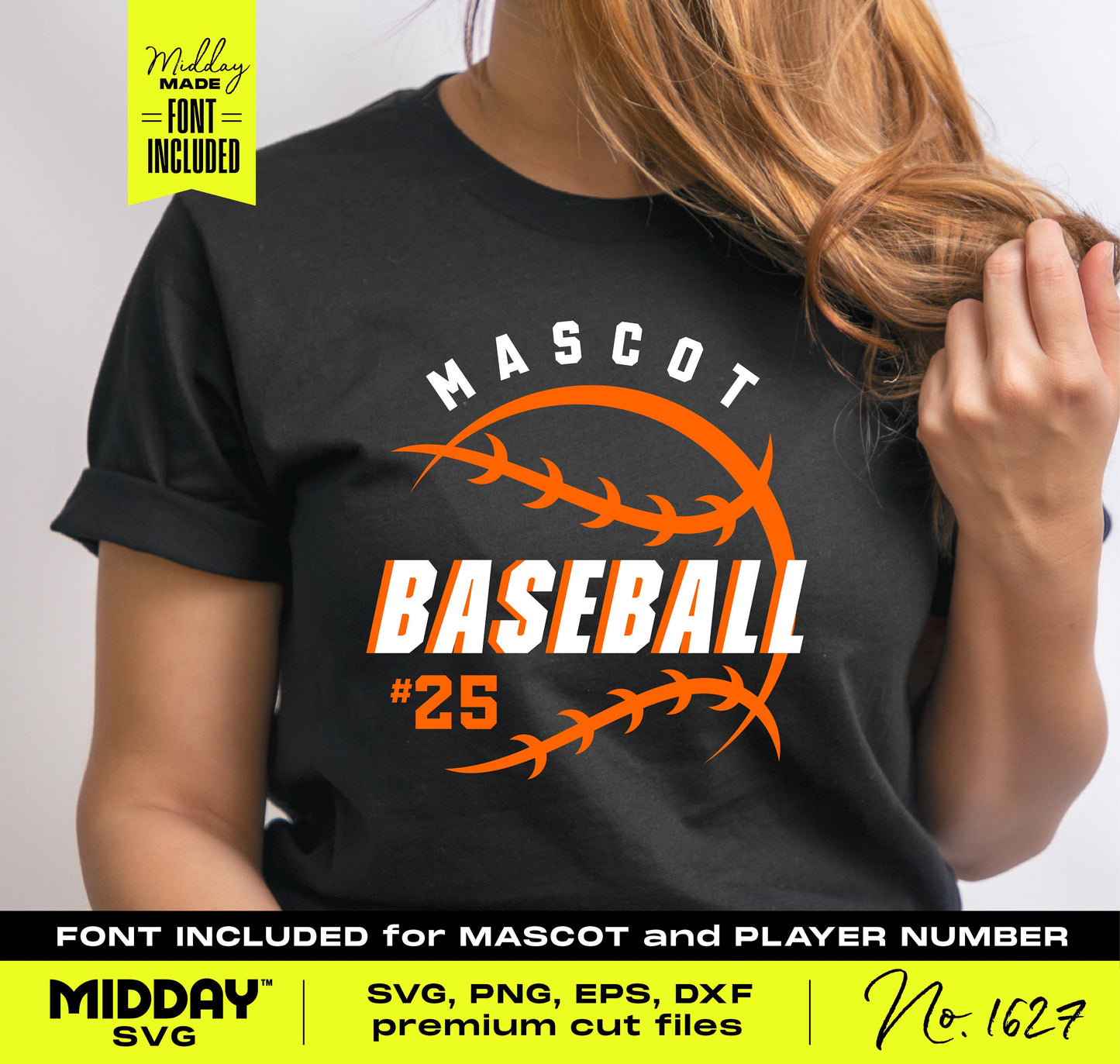 Customizable baseball team jersey template featuring font for team name "Mascot" and player number "#25" on a black shirt.