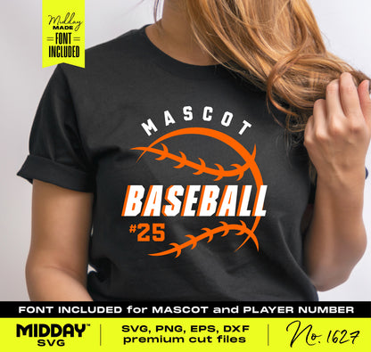 Customizable baseball team jersey template featuring font for team name "Mascot" and player number "#25" on a black shirt.