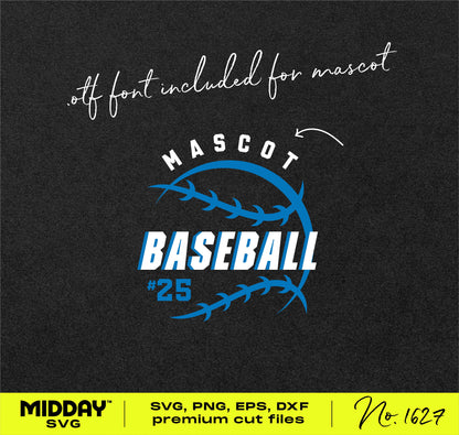 Customizable baseball jersey SVG template with team name and player number personalization. Includes OTF font for mascots.