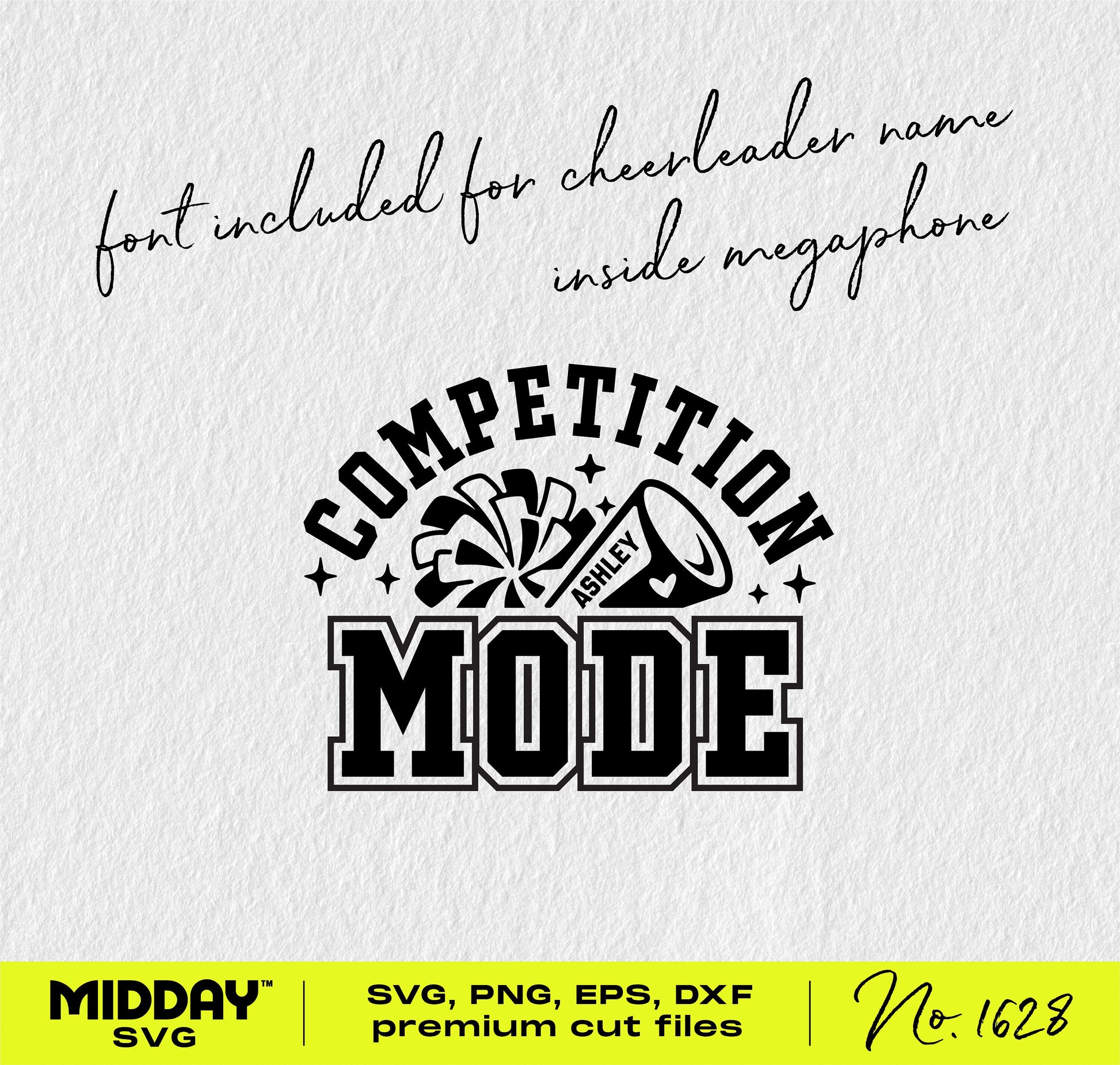 Competition Mode Cheerleader SVG design with collegiate typography, pom-poms, and megaphone for shirts and accessories.